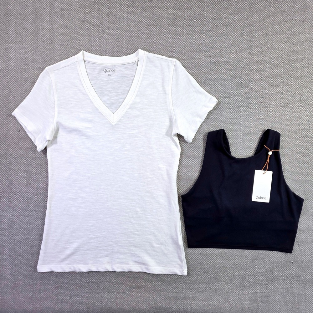 Quince Sports Top Slubby Cotton White T-Shirt NWOT Women XS Navy NWT Bundle